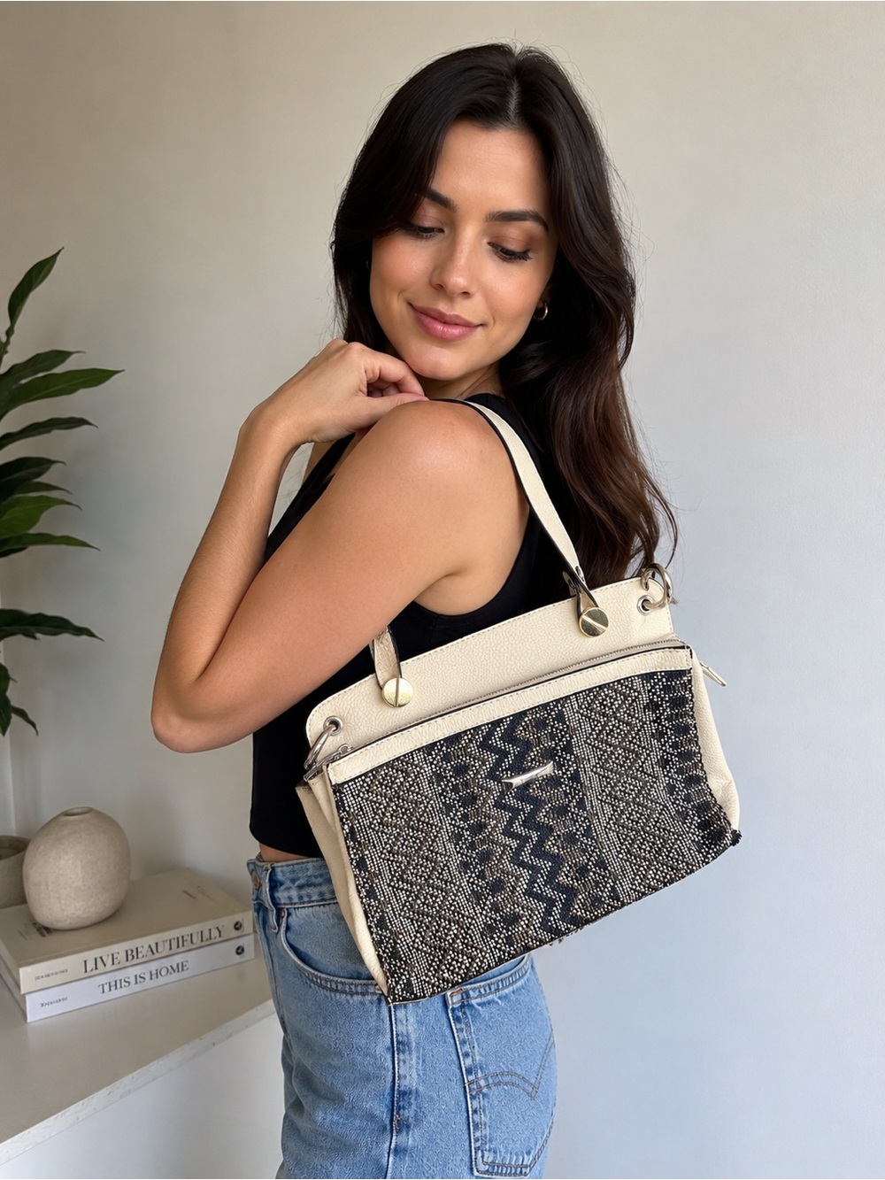 Joanel Chic Woven Pattern Cream Shoulder Bag